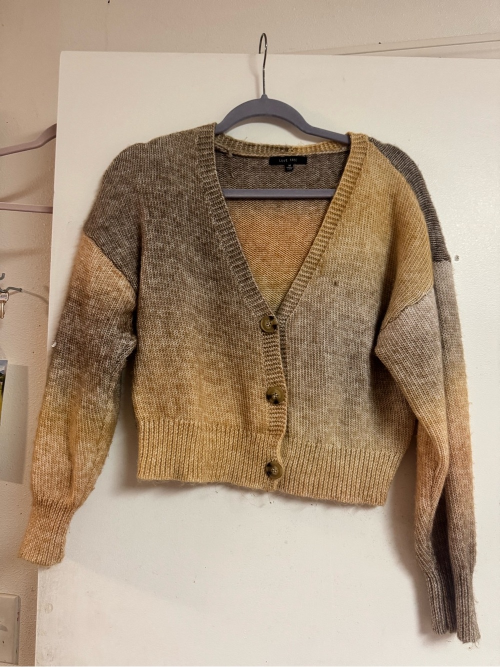 Love Tree Ombre V-Neck Button-Front Cardigan in Beige and Brown